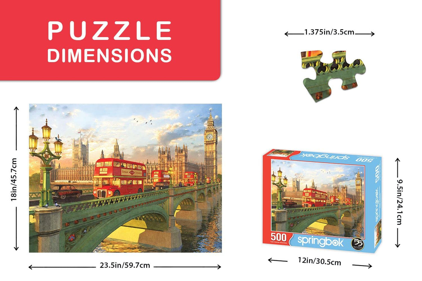 Springbok 500 Piece Jigsaw Puzzle - Westminster Bridge, Engineered Wood, Multi-Color, Model 33-01542, Made in USA