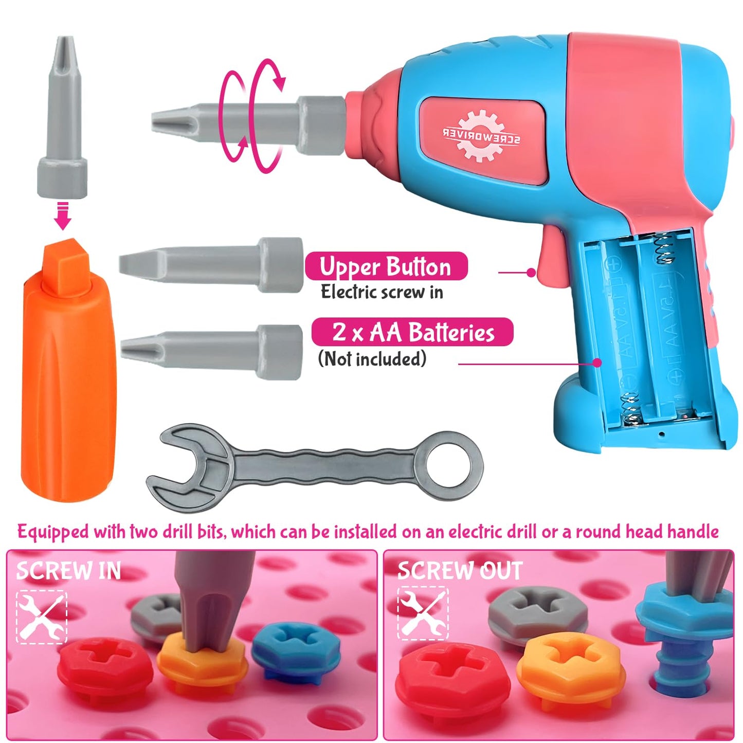 Aquaarcc Girls Unicorn Drill Toys Age 4-8, Girls Stem Toy 351Pc Electric Drill With Toolbox, Grils Tool Set Creative Toys 3D Eng