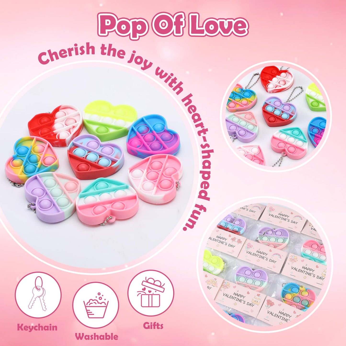 32Pcs Heart Shape Pop Fidget Toy With Valentine'S Day Card For Kids,Valentines School Classroom Exchange Kit For Kids, Party Fav