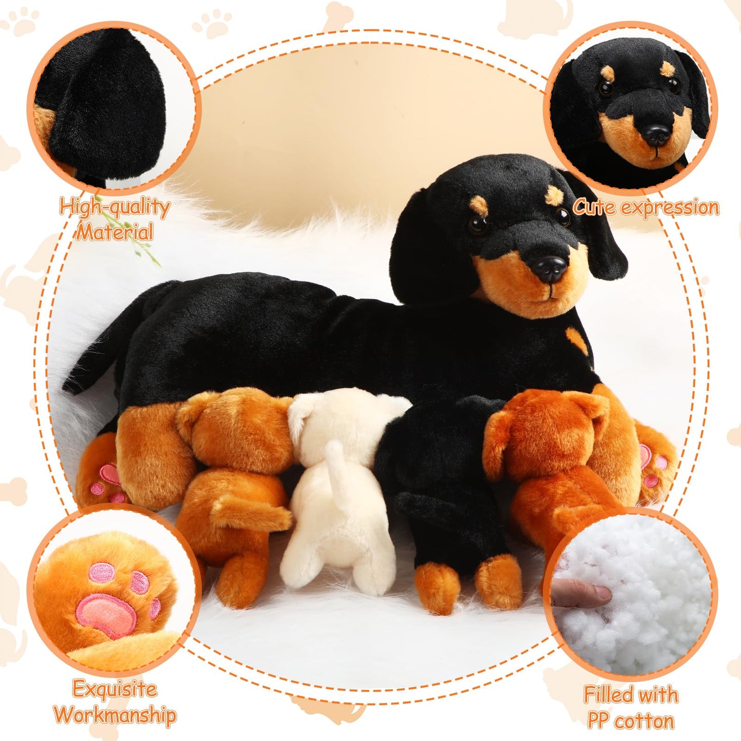 Honoson Nurturing Dog Stuffed Animal With Puppies Set Nursing Mommy Dog Plush With 4 Baby Puppies Soft Cute Dog Themed Stuffed P