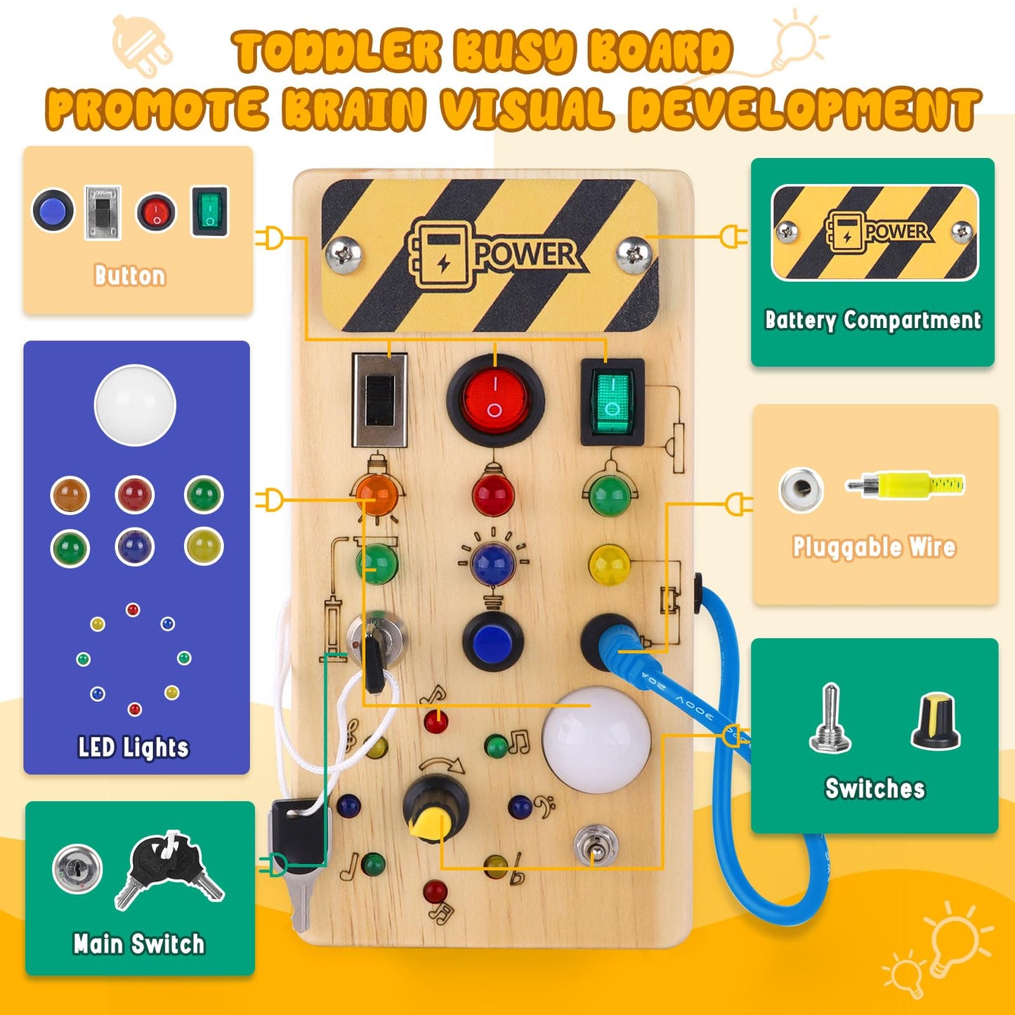Hoarosall Montessori Wooden Busy Board - Sensory Light Switch Toy for 1+ Year Olds, Medium, Brown, Model CGS-BUSYBOARD-01