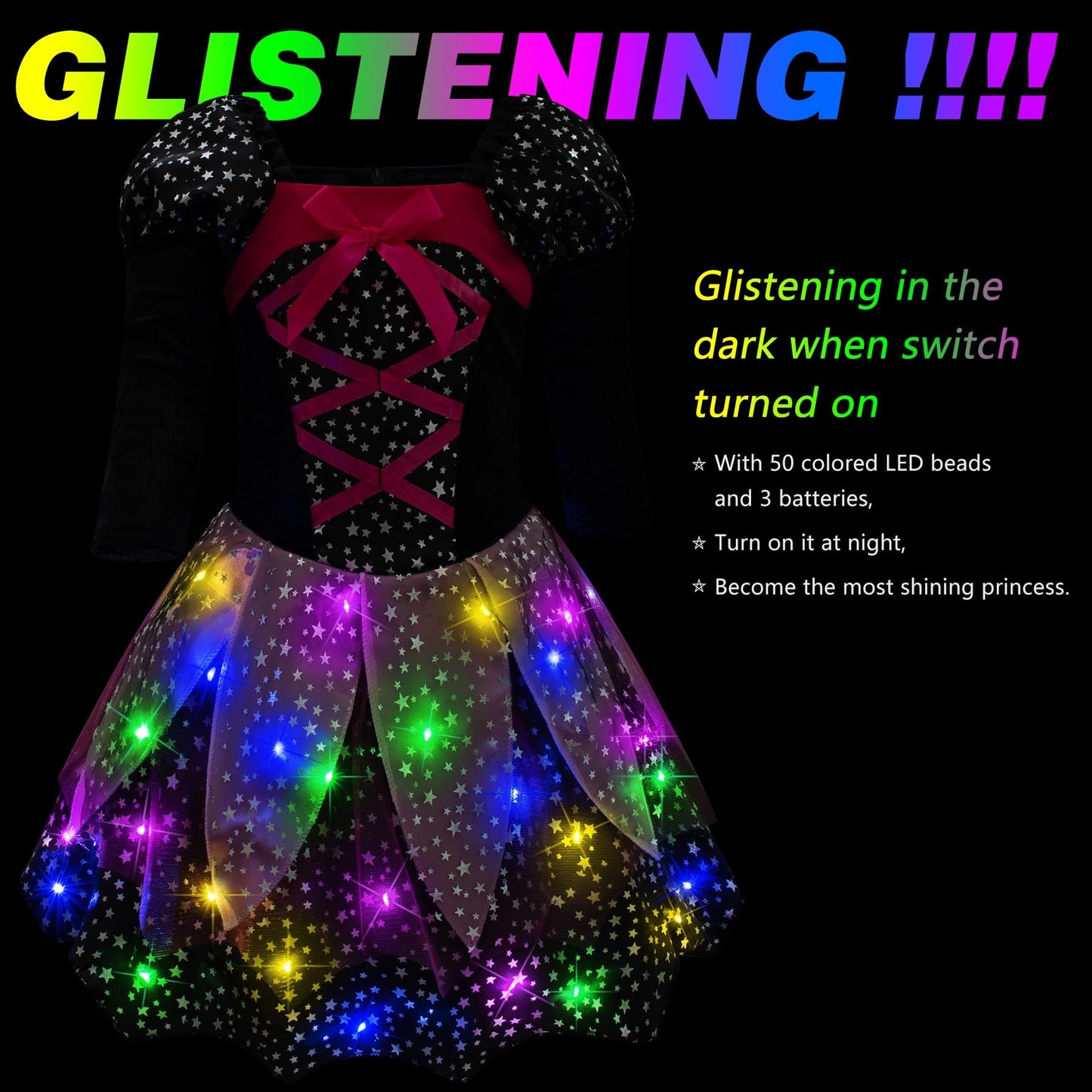 Light-Up Witch Costume for Little Girls Halloween Dress Up - Pink&Black Glowing Witch Costume Party Set with Broom & Hat & Wand & Bag & Pantyhose 3T 4T