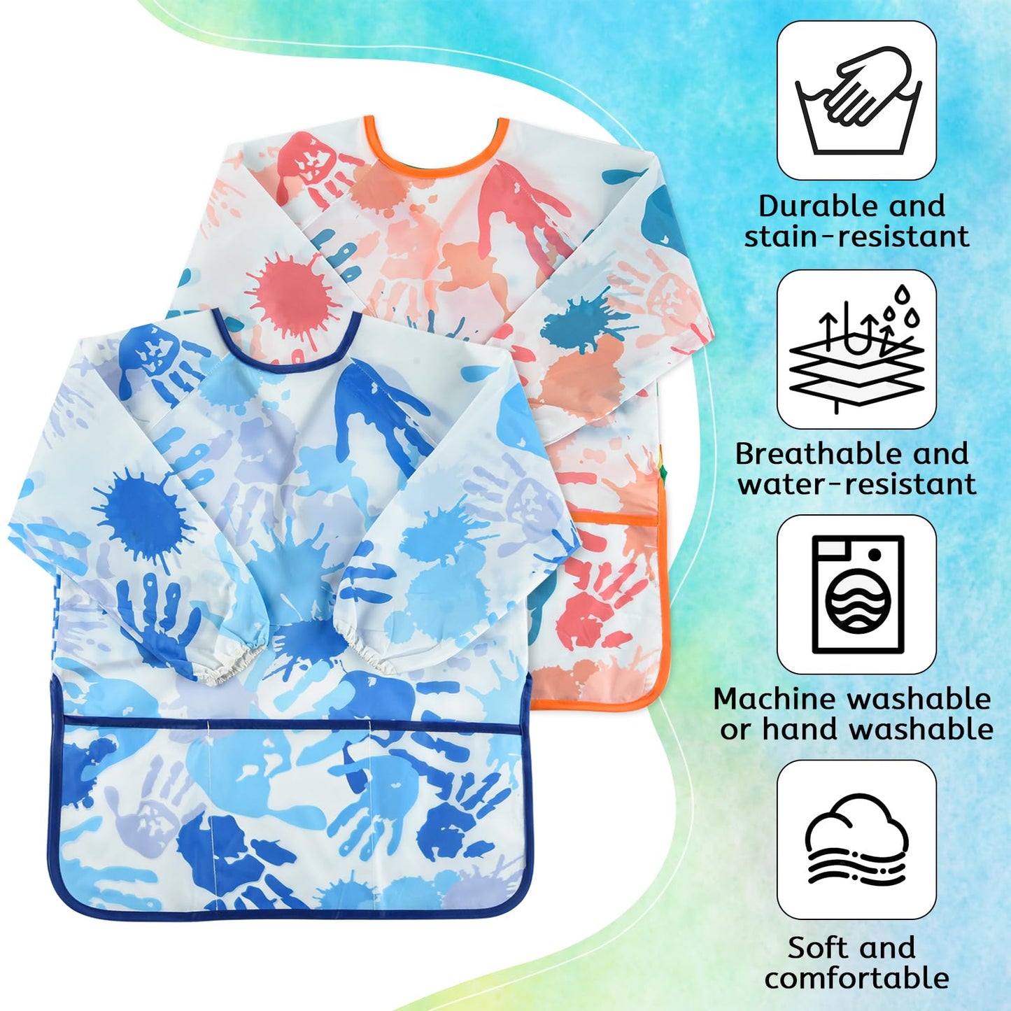 BOUBONI 2 Pcs Kids Art Smock Painting Toddler Smock Long Sleeve with 3 Pockets for Kids Art Painting Activity Kitchen Crafts (Bl