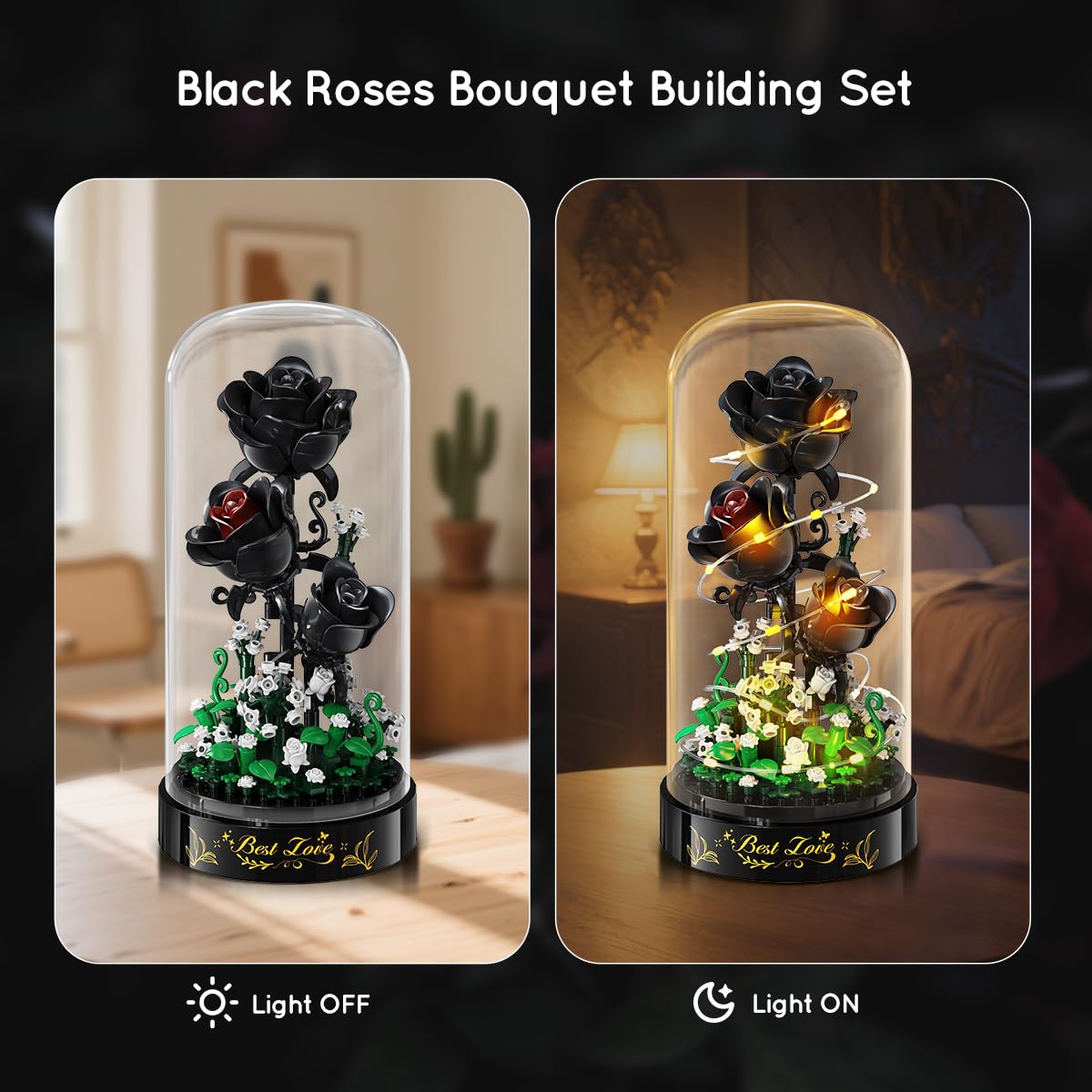 HiWEEGO Flower Bouquet Building Set with LED Lights - 310 PCS Halloween Black Rose Building Blocks Kit with Cover  Flowers Botanical Collection Valentine's Day Gift for Girls mature-themed Women Home Decor
