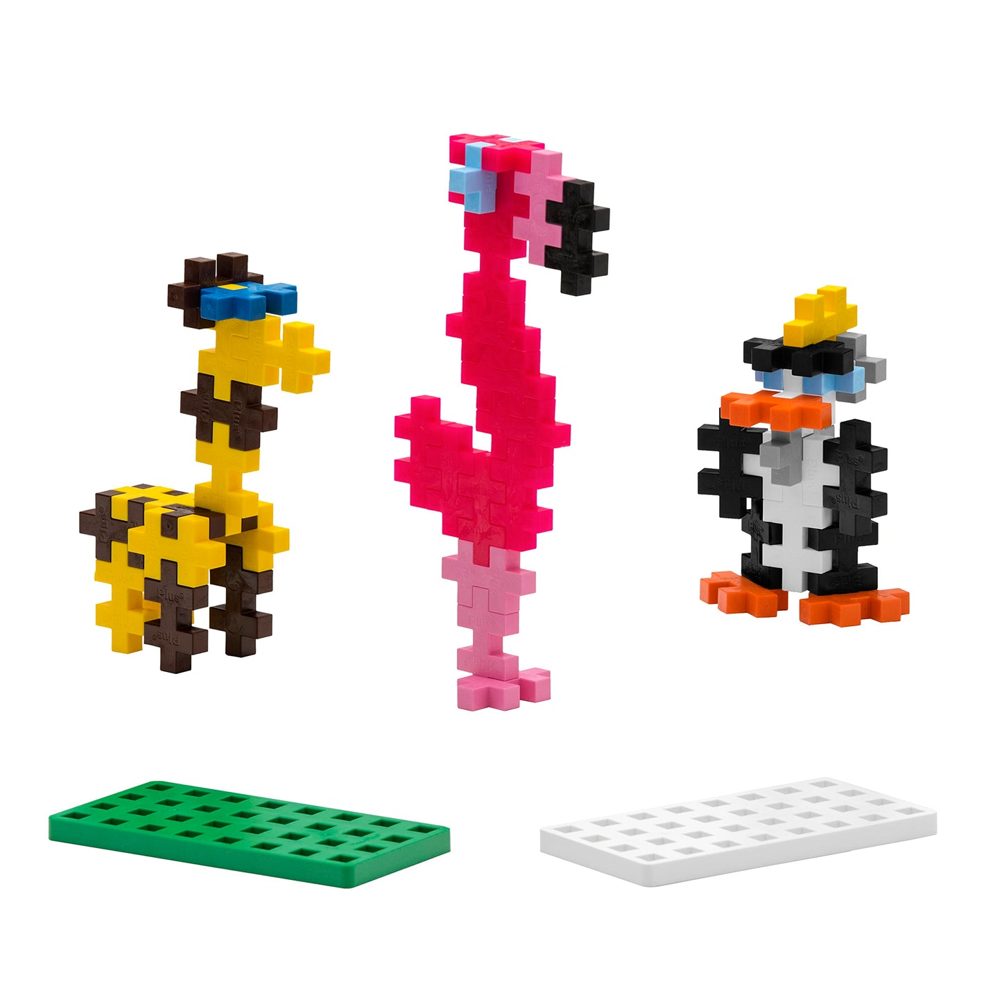 Plus Plus Big - Zoo Playset Bundle - 15 Pc Penguin, Flamingo, Giraffe Tube & Baseplate Duo - Construction Building Stem/Steam To