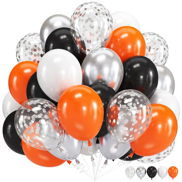 Orange Black Balloons Orange White Sliver Balloons Graduation Decorations 60Pcs 12Inch Metallic Silver Confetti Latex Balloon Fo