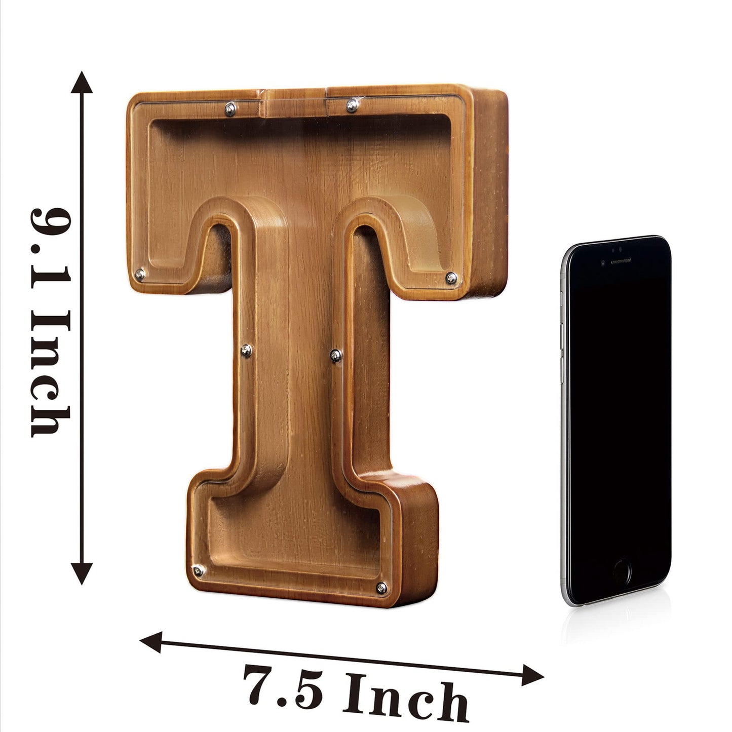 Aorcmitn Large Wooden Letter Coin Personalized Piggy Bank For Boys Girls Kids Toddler Adults Money Bank Best Gift For Friends (9.2 Inch-T)