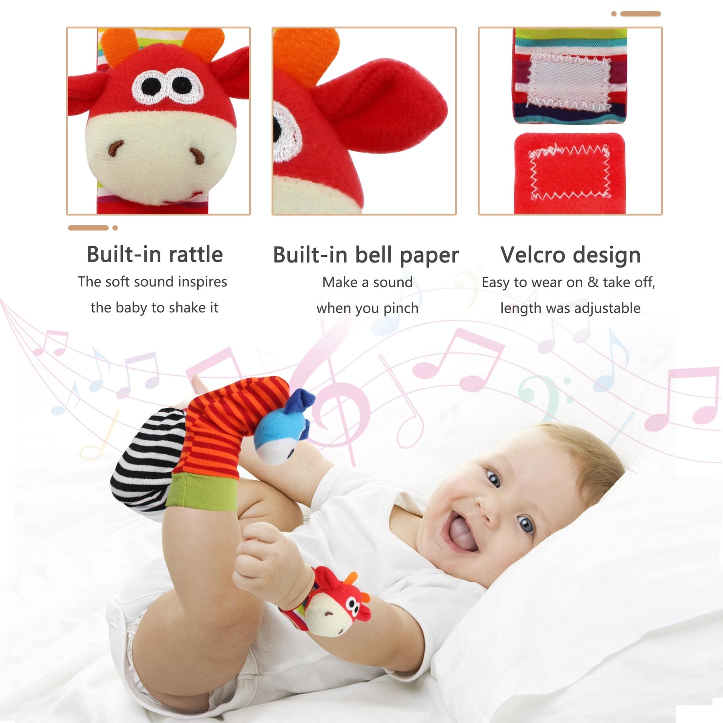 Wrist Rattle Foot Finder Sock For 0-36Months Baby Boys And Girls, Newborn Baby Soft Hand & Feet Rattle 0-3 Years, Arm Leg Babies Development Toys For Infant Bebe (Cow-4 Pcs)