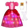 Hortyzon Girls Princess Dress Peach Costume Super Bros Kids Led Light Up Princess Dress For Deluxe Halloween Party Dress Up (3-4