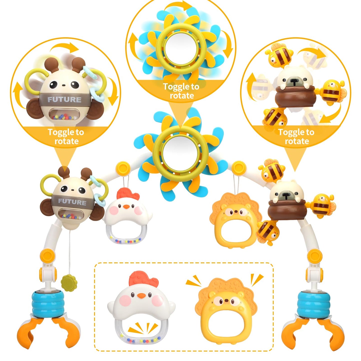 Caterbee Baby Bouncer Bar Toy, Pram Toy With Activity Travel Arch Bassinet Toys For Toddlers (Blue)