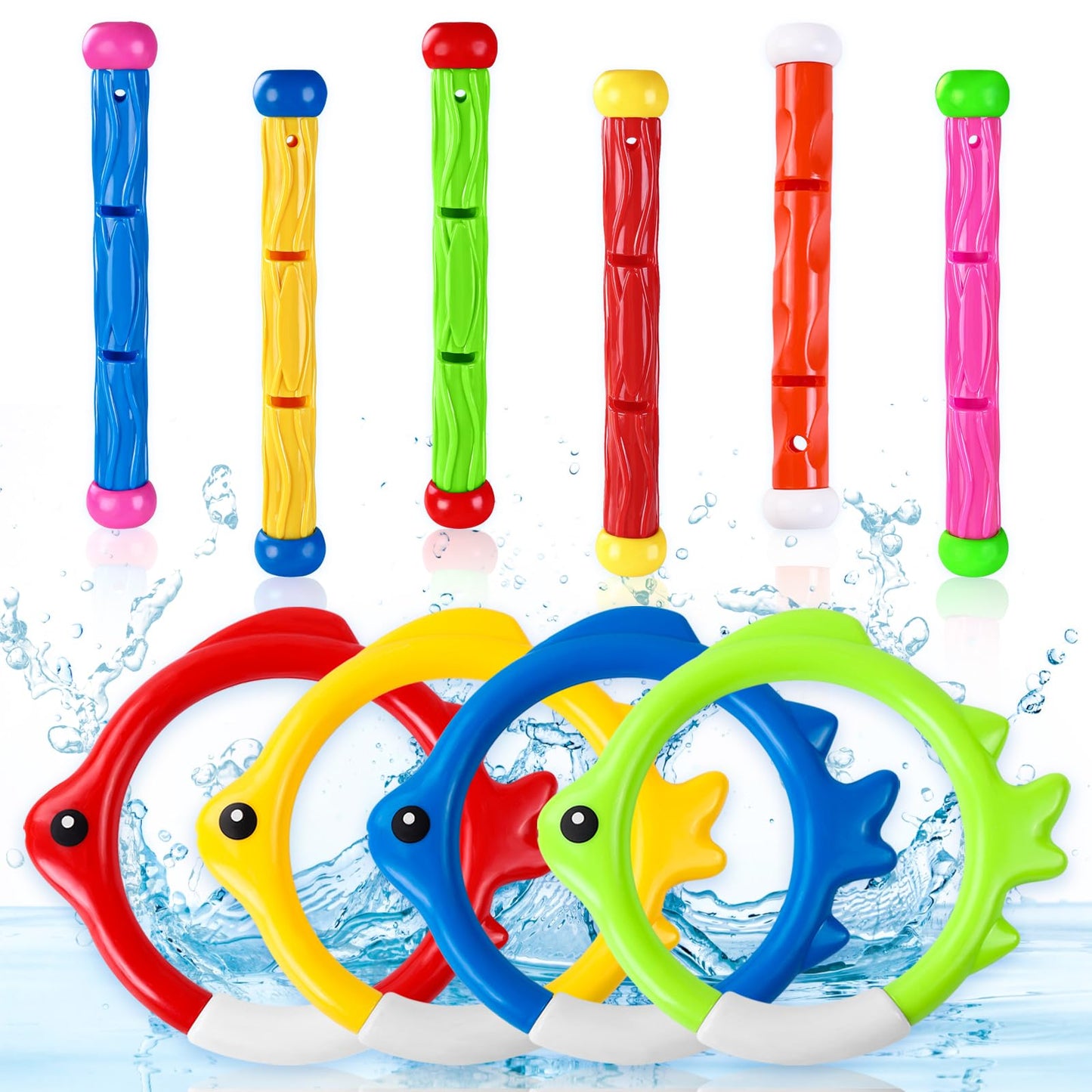 Vellibring 10PCS Pool Diving Swim Toys Colorful Underwater Training Sinking tossing Dive Rings Sticks for Kids Summer Pool Swimming Party Favor Games