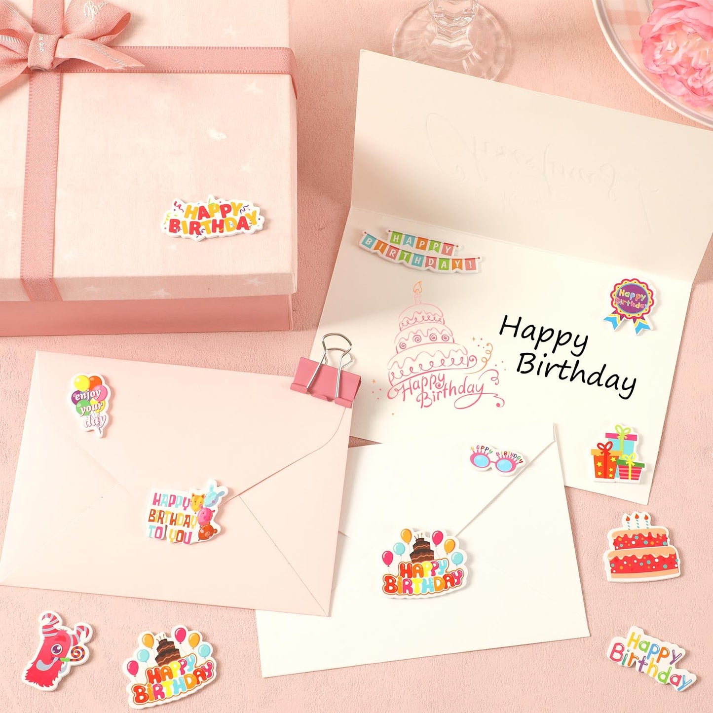 Julbear 300 Pieces Happy Birthday Foam Stickers Bulk Self-Adhesive Cute Cartoon Birthday Stickers For Arts Crafts Kids Students