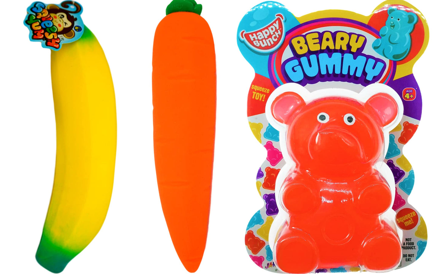 JA-RU Stretchy Banana, Carrot, & Big Gummy Bear Mochi Squishy Toy (3 Toys) Slow Rising Squishy Fidget Pack. Stress Relief Toy Au