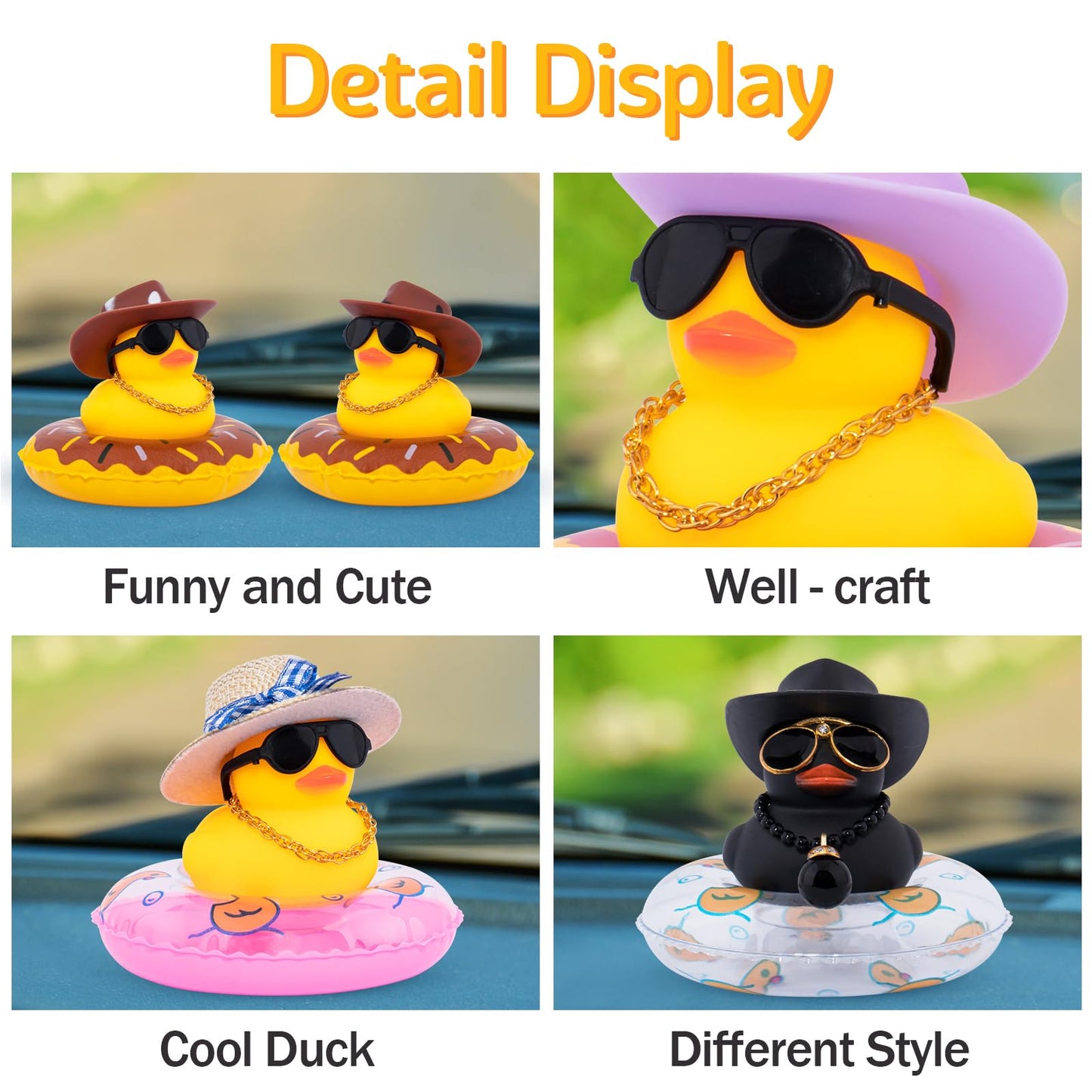 Wonuu Car Rubber Duck, Yellow Duck Decoration Dashboard With Sun Hat Swim Ring Necklace Sunglasses For Car Dashboard Decorations, Purple Cowboy Hat-Purple Donut