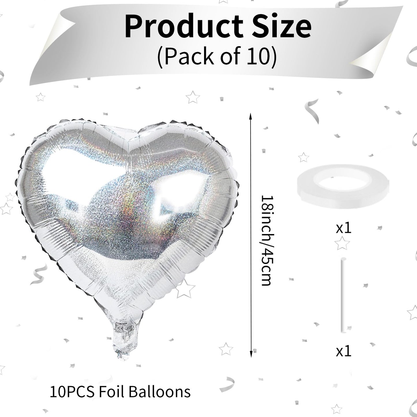 Glitter Silver Foil Heart Balloons, 10Pcs Silver Heart Shape Balloons, Valentines Balloons 18Inch Love Foil Balloons Helium For