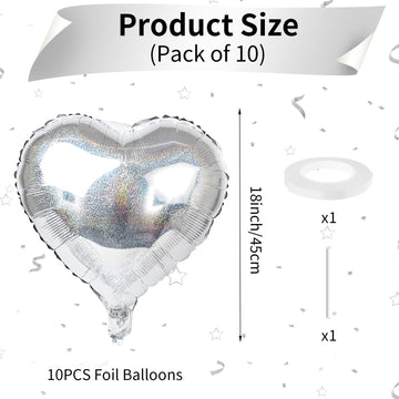 Glitter Silver Foil Heart Balloons, 10Pcs Silver Heart Shape Balloons, Valentines Balloons 18Inch Love Foil Balloons Helium For