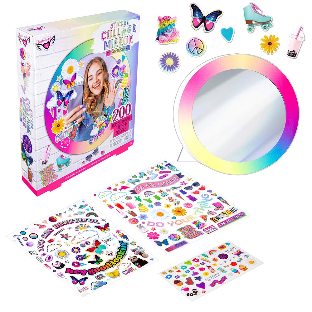 Fashion Angels Sticker Collage Mirror Design Set - 1 Round Rainbow Mirror To Hang Or Stand, 3 Stickers Sheets With 200 Reusable Sticker Decals - Develops Creativity And Confidence - Ages 8 And Up