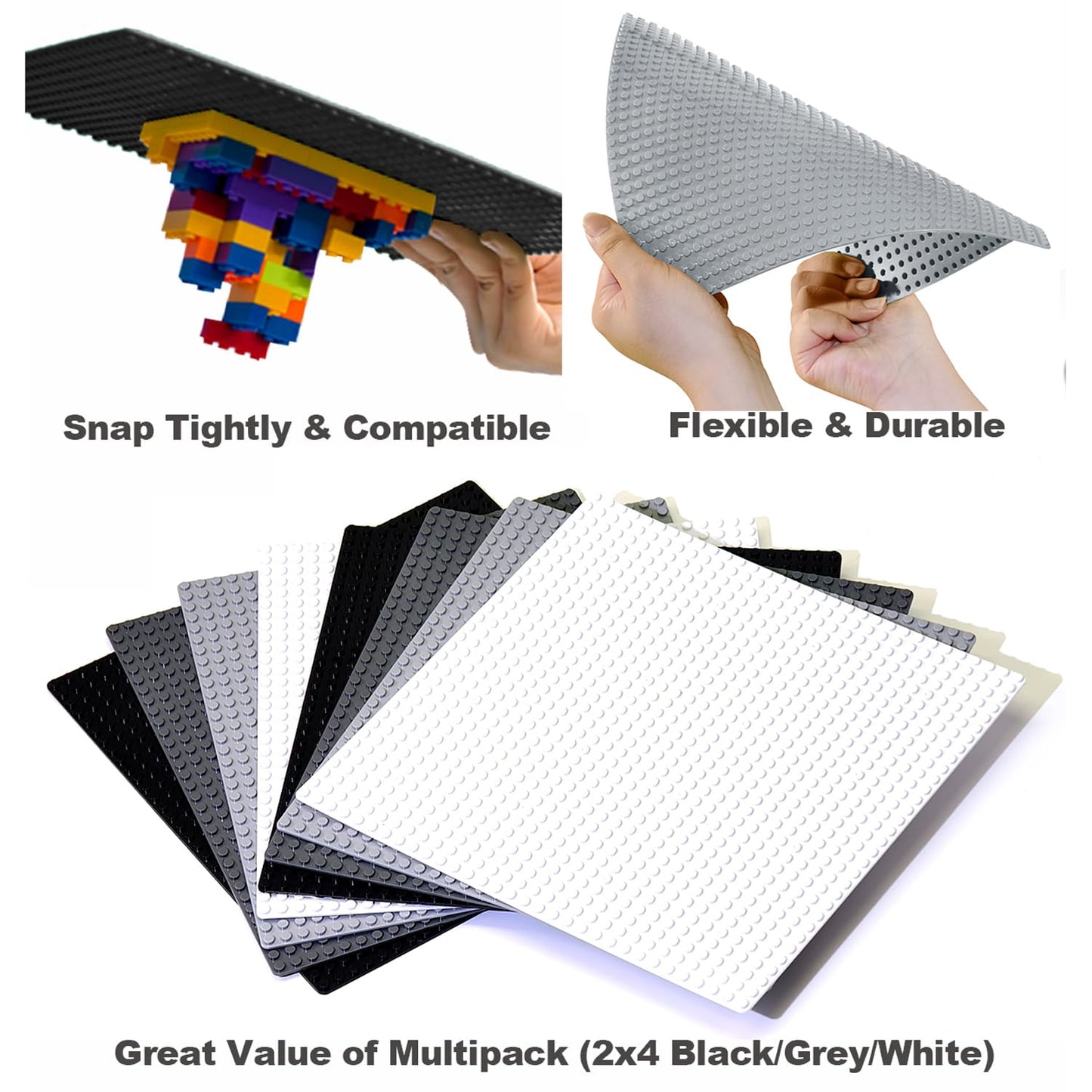 Bestoyz Building Bricks Baseplates Multipack 32X32 Stud, 8 Pack Of Base Plates In Color Of Black, Dark Grey, Light Grey & White, Foundation & Display For Building Blocks, 10X10 In. (25.5X25.5 Cm)