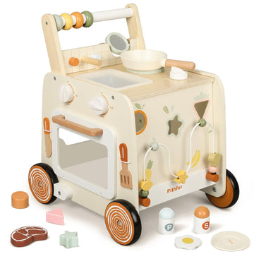 Pithfor Wooden Baby Walker, 3-In-1 Baby Push Walker, With Pretend Kitchen, Montessori Sensory Activity Center, Push Walker Toys
