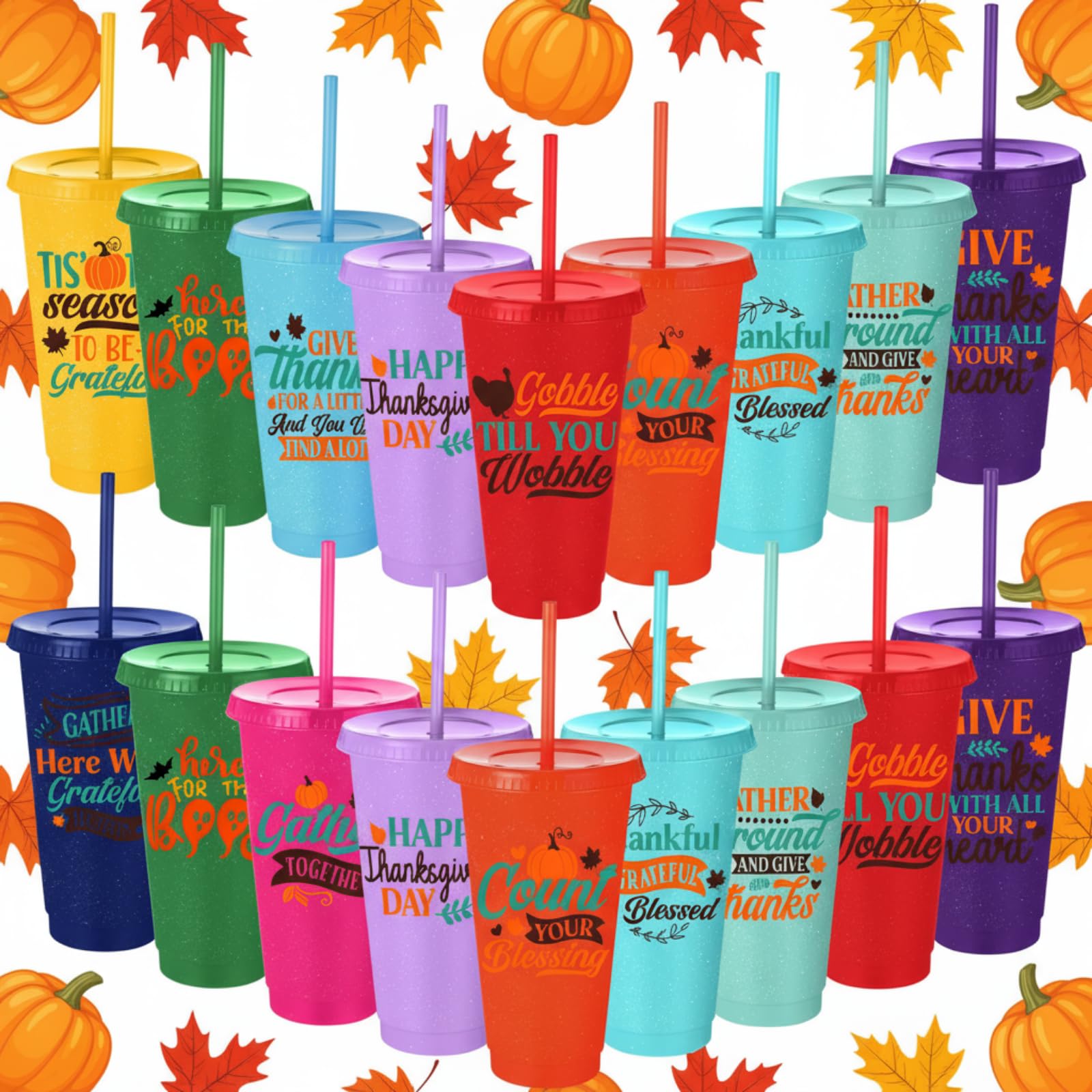 SiliFine 24 Pcs 24 oz Thanksgiving Day Cups Bulk Reusable Plastic Drinking Tumblers with Lid and Straw Cute Treat Snack Cups Fun