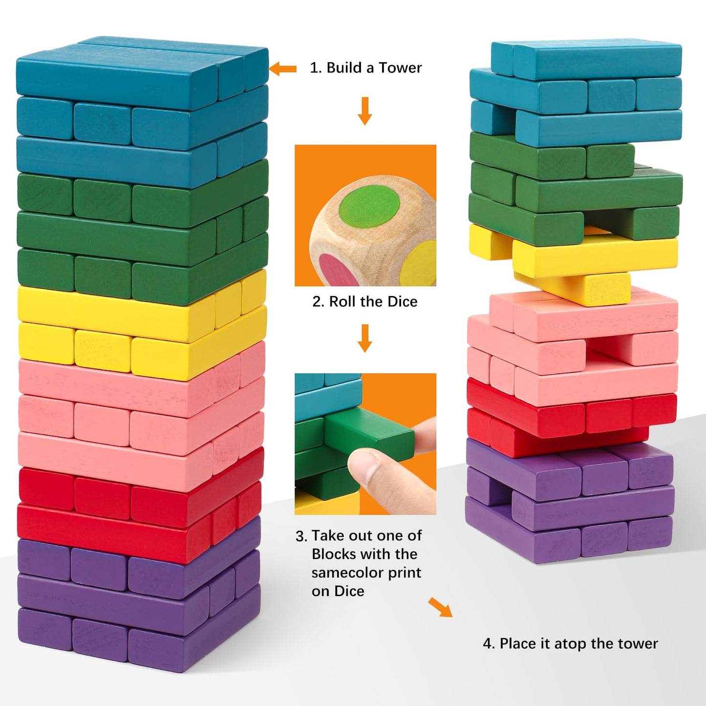 Lewo Wooden Stacking Board Games - 48 Multicolor Building Blocks for Kids, Model LC-CGBB-54P1