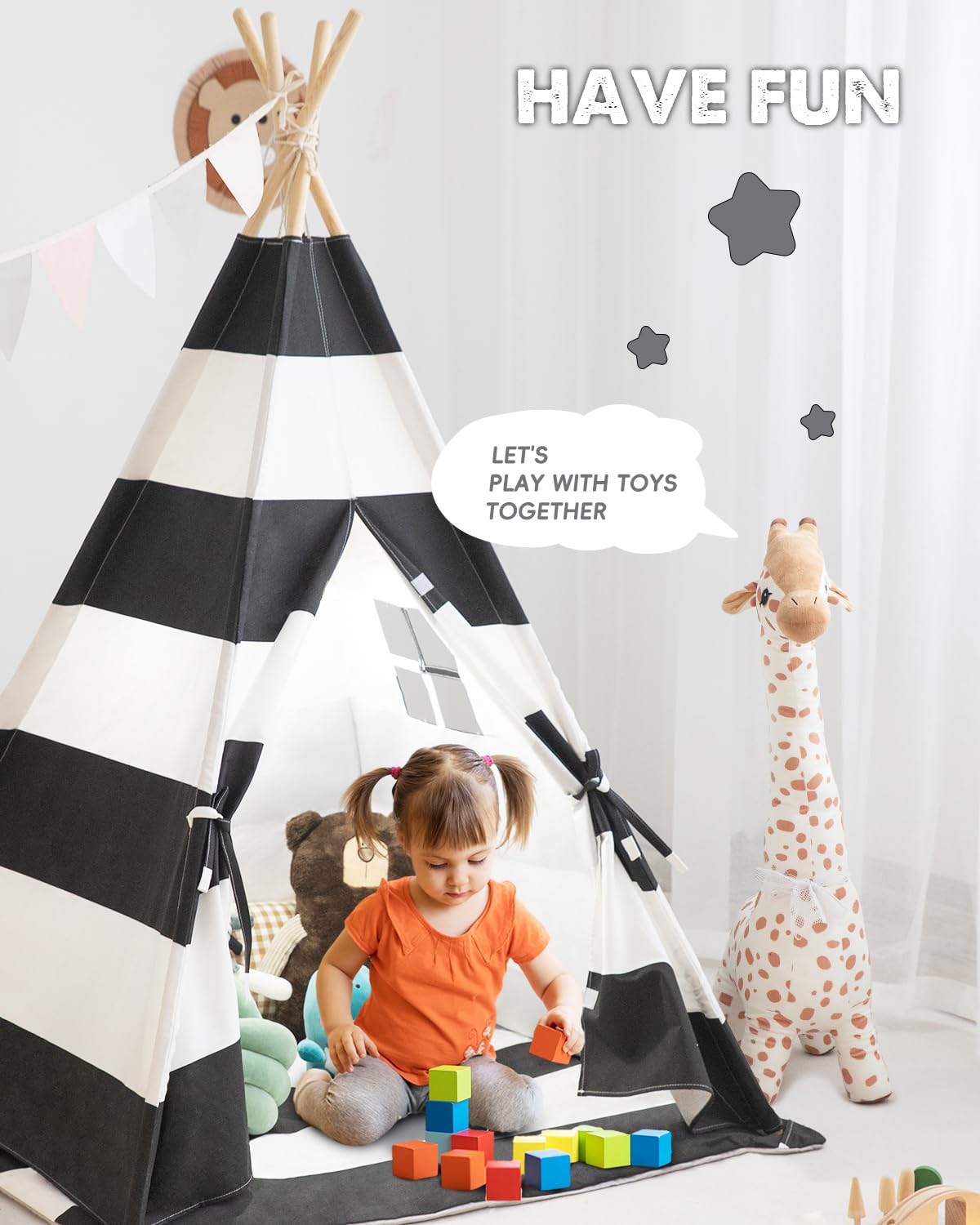 Teepee Tent For Kids, Xiaowantong Kids Teepee Tent With Padded Mat, Lights, Carry Bag, Natural Cotton Canvas Toddler Play Tent Indoor, Washable Foldable Teepee Tent For Girls & Boys Outdoor