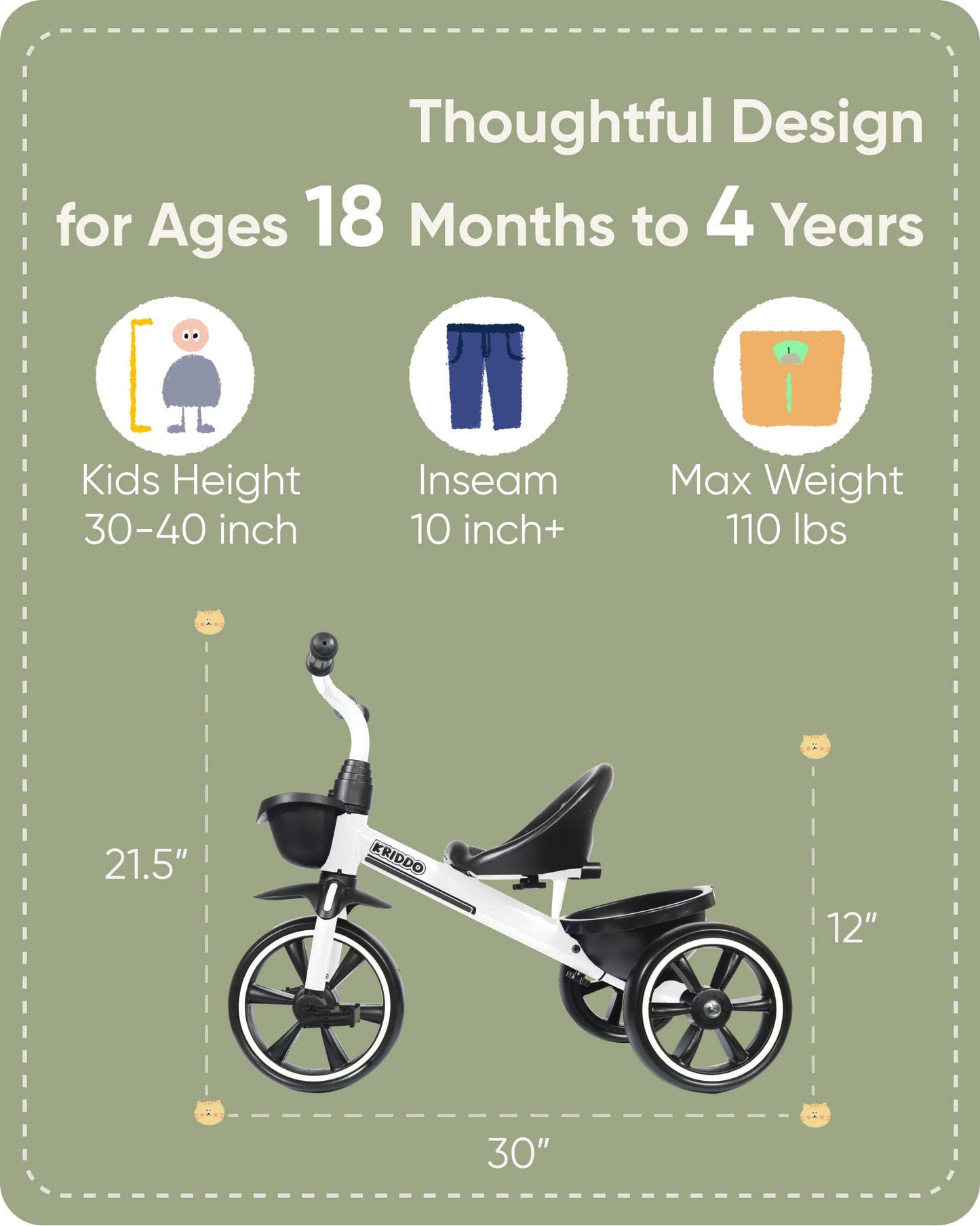 Kriddo Kids Tricycles Age 24 Month To 5 Years, Toddler Kids Trike For 2.5 To 5 Year Old, Gift Toddler Tricycles For 2-4 Year Old