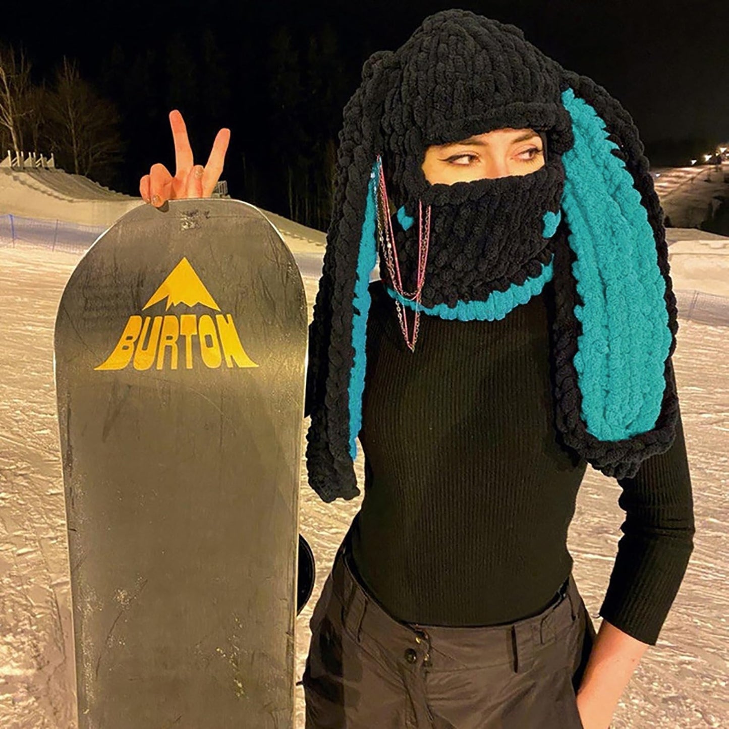 XKCL Knit Plush Bunny Hat - Fluffy Long Ears Cosplay Party Hat (Black Dark Green)