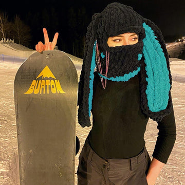 XKCL Knit Plush Bunny Hat - Fluffy Long Ears Cosplay Party Hat (Black Dark Green)