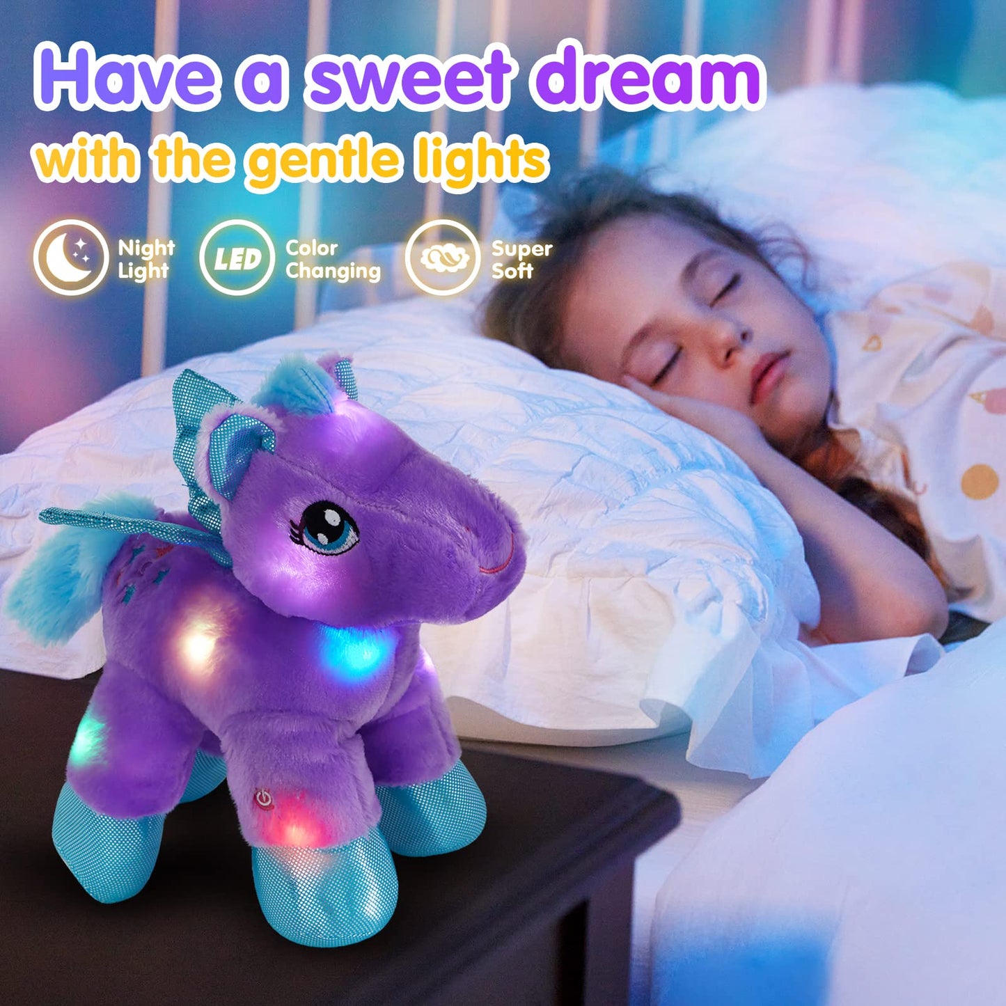 Bstaofy Light Up Pegasus Stuffed Animal Glow Unicorn Led Soft Plush Toys, Bedtime Nightlight Companion Gift For Kids On Christmas Birthday, Purple