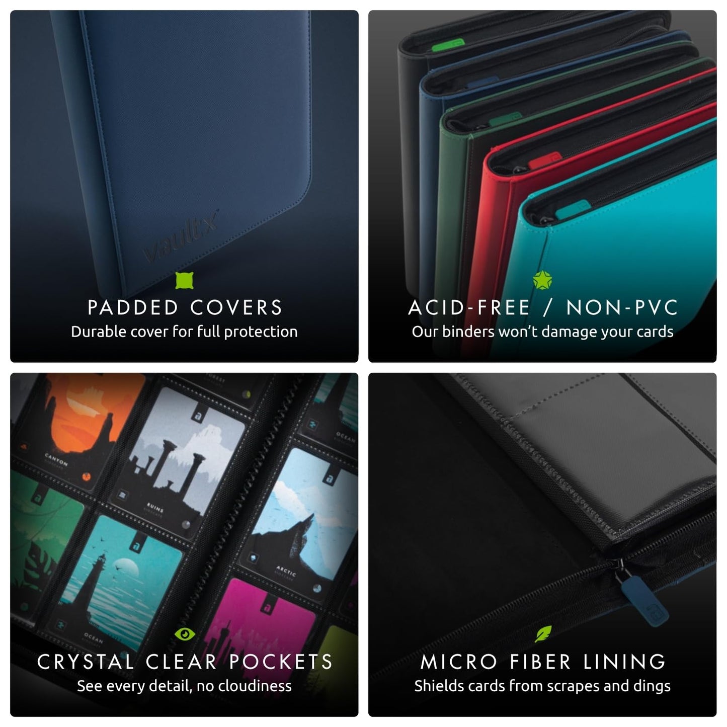 Vault X 12 Pocket Trading Card Zip Binder - 480 cards  enhanced Exo-Tec Album Material  20 Side-Loading Pages  Folder for Collectible Card Games  Sports  TCG (Blue)