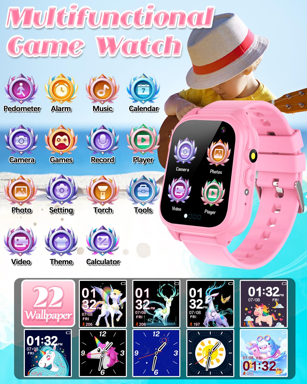 Semloo Waterproof Smart Watch for Kids 3-12 Years Old Girls Toys with 26 Games, Video Camera, Pedometer, Music Player, Alarm Clo