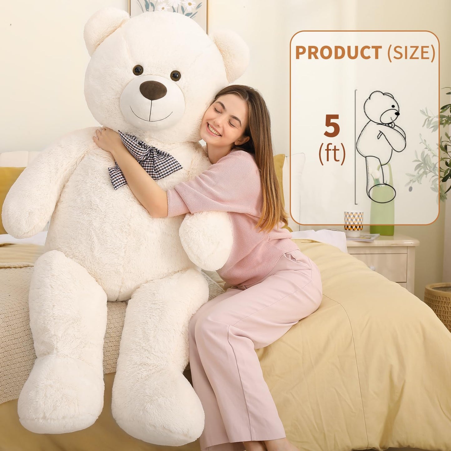 Maogolan Giant White Teddy Bear Stuffed Animal 5 Feet,Soft Cuddly Smiling Face Big Teddy Bear Plush Gift For Boyfriend Girlfriend