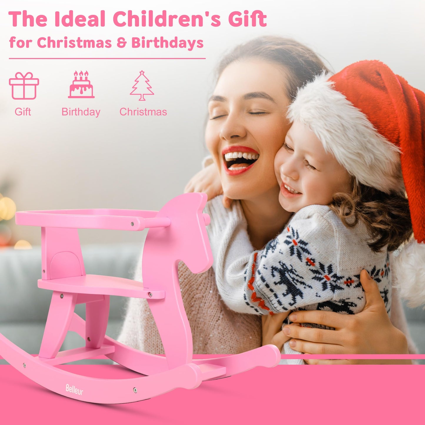 Belleur Wooden Rocking Horse For Toddler 1-3 Year Old, Baby Wood Ride-On Toys With Removable Fence For Indoor & Outdoor Activiti