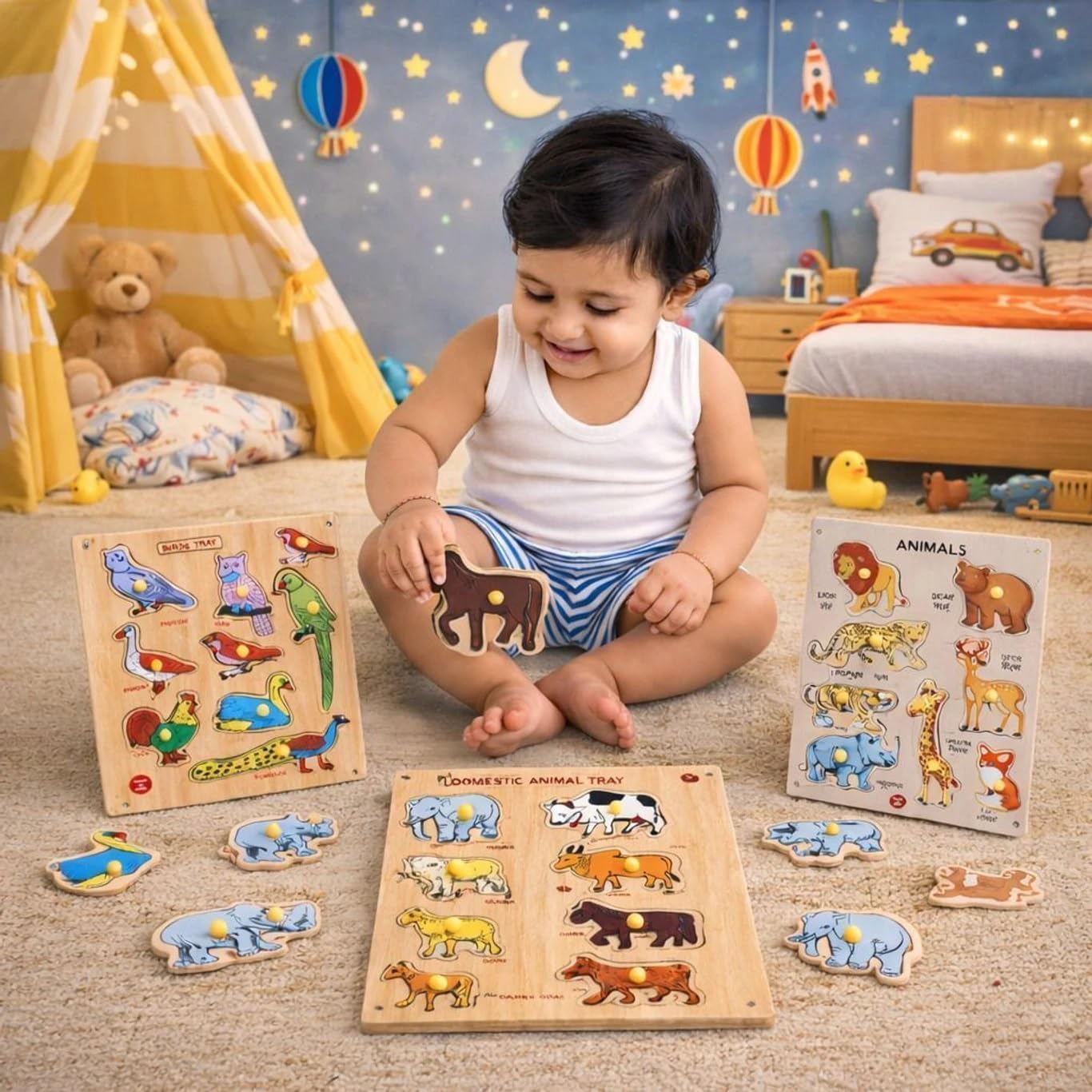 Aarosiya Wooden Puzzle Montessori Toy Tray For Kids, Set Of 3, Wild, Domestic And Birds Animals, 28X20 Cm, For Ages 2 And Above