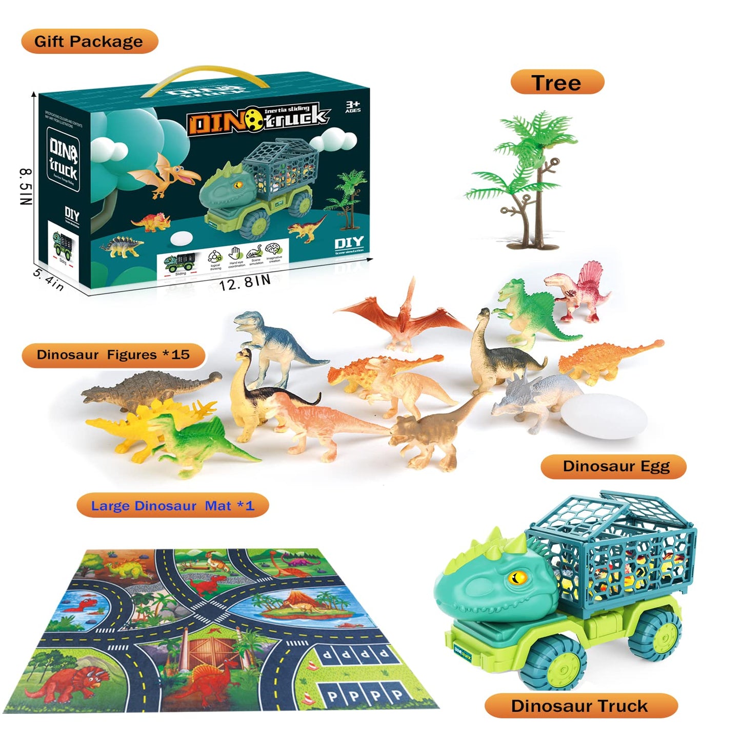 Hongid Dinosaur Truck Toy With 15 Dino Figures & Activity Play Mat, Dinosaur Eggs, Perfect For Kids 3-5 , Stocking Stuffer