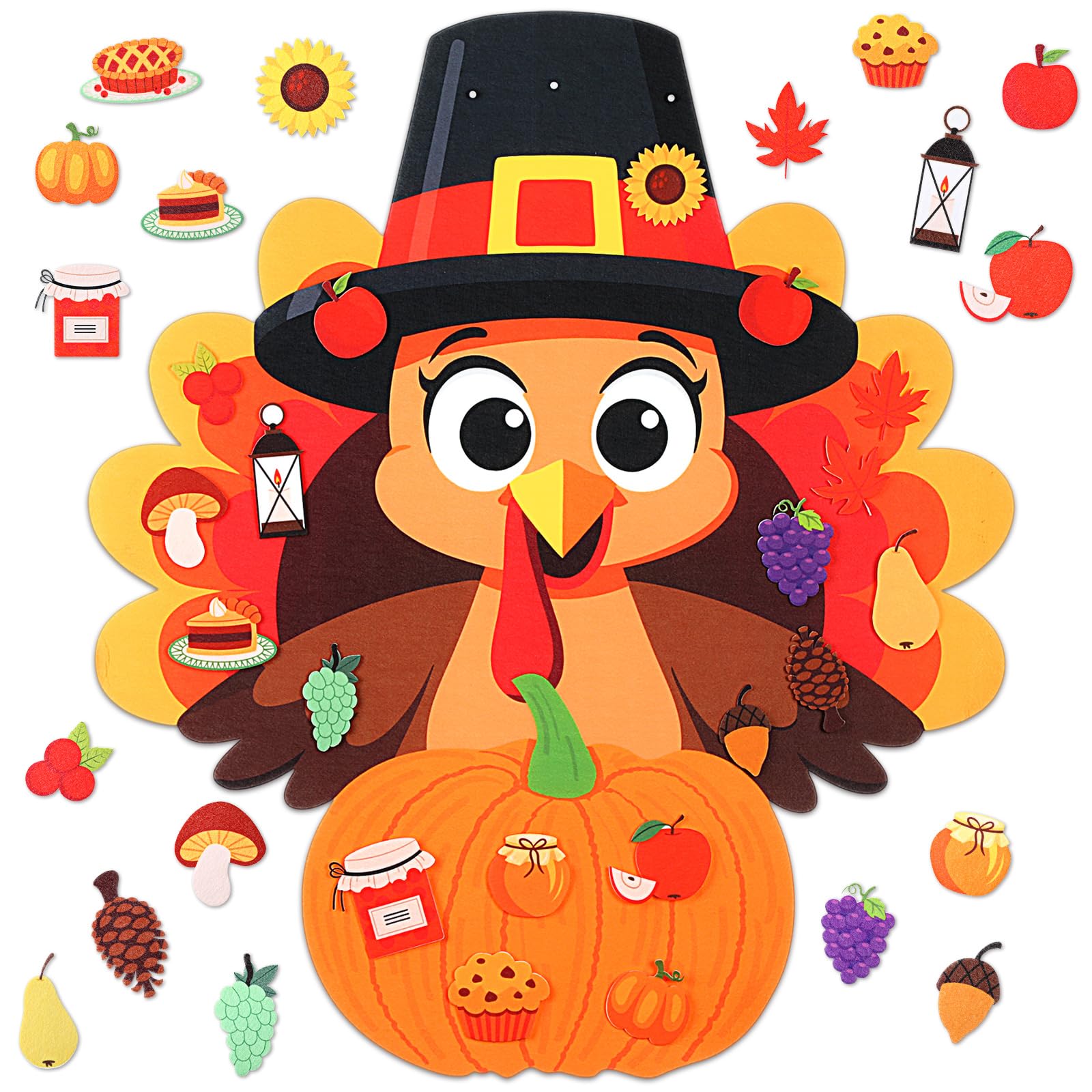 Thinkday 37 Pieces Thanksgiving Craft Kit Felt Turkey Craft, Fall DIY Turkey Pumpkin Felt Set, 36 Detachable Fall Maple Leaf Pin