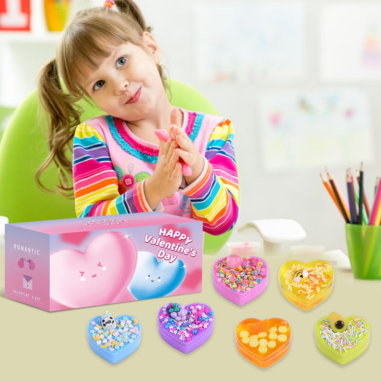 24 Pack Valentines Day Gifts Slime Hearts For Kids Classroom & Party Gifts Exchange, Valentines Cards For Valentine Party Favor,