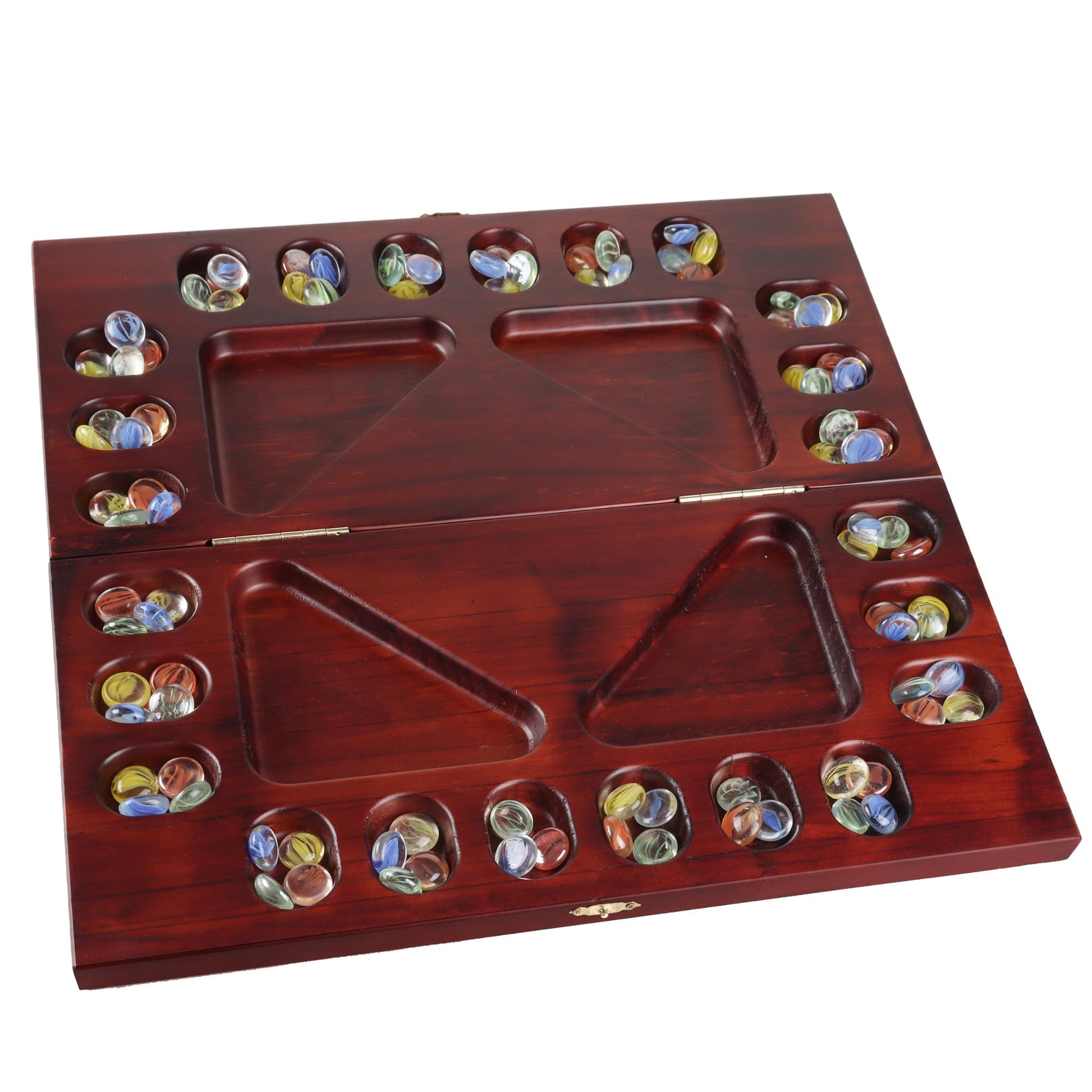 GSE Games & Sports Expert 4-Player Mancala Board Game with Multi-Color Glass Stones  Folding Wooden 4-Way Mancala Family Travel Strategy Games Set for Kids & mature-themeds (Mahogany)