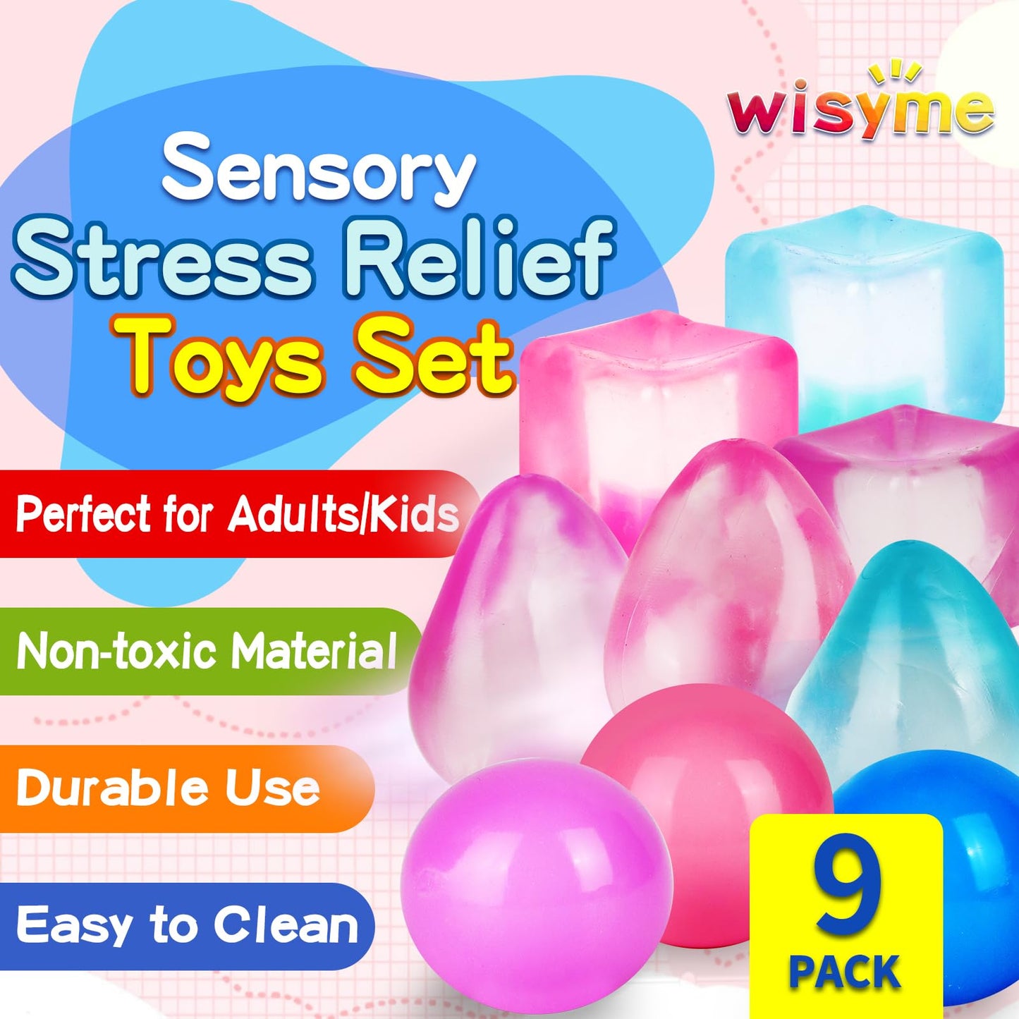 Wiysme Mini Sensory Fidget Toy Variety Pack - 9Pcs Squishable Squeeze Toy Set, 3Pack Mini Cube, Balls, Drops, Always Returns To