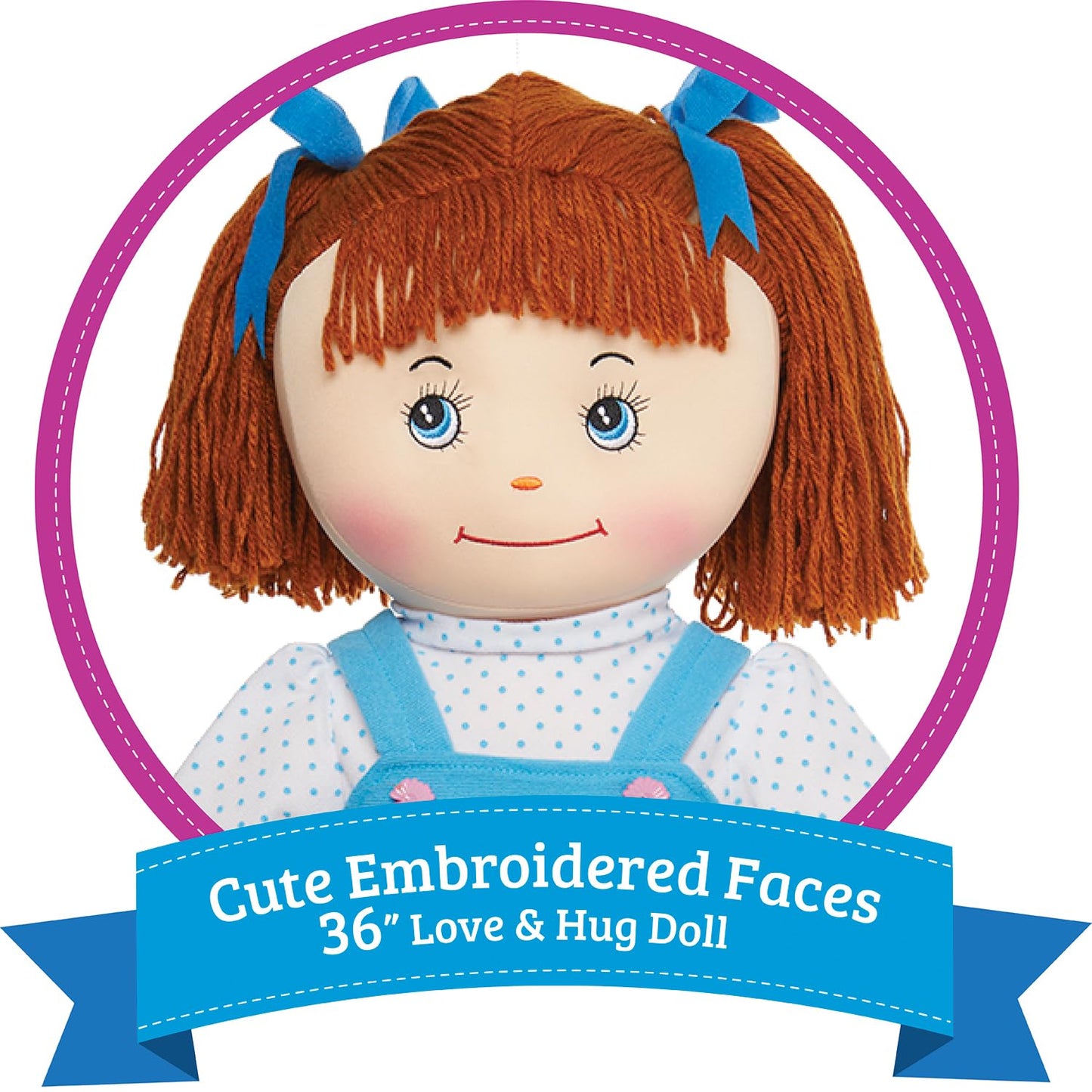 Love & Hug 36' Huggable Soft Doll | Blue Dress| Stuffed Plush Doll With Blue Dress And Soft Yarn Hair | Baby Doll Soft Toy For Kids And Toddlers To Love And Hug, Birthday Gift (Blue)