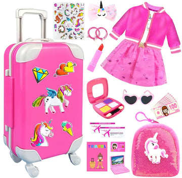 23Pcs 18 Inch Girl Doll Accessories Case Luggage Travel Play Set With Doll Clothes Cute Bag Computer Glasses Pretend Makeup Toy Stickers Doll Stuff Fit 18 Inch Doll Christmas Birthday Gift