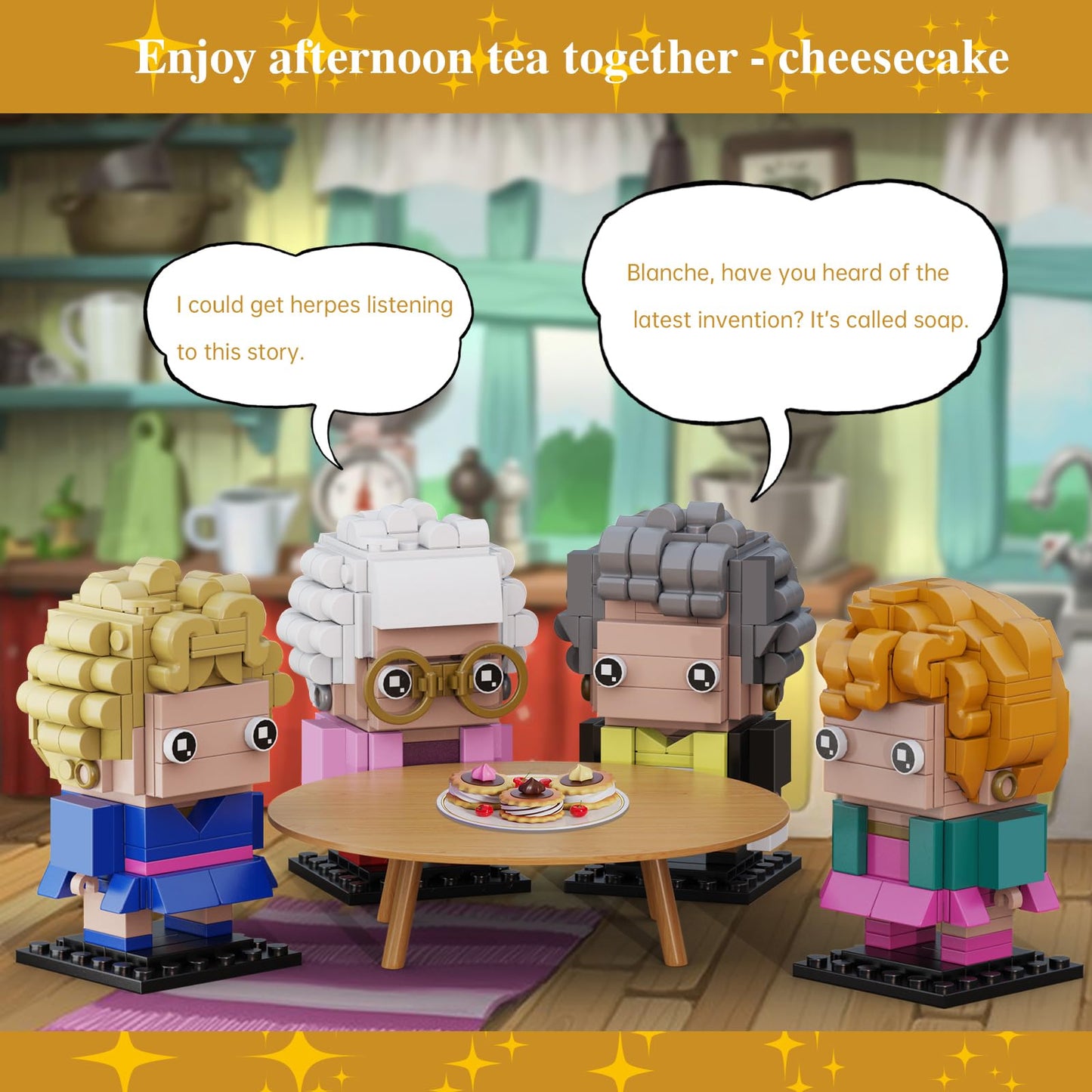 The Golden Lady Building Blocks  4 Figures of The Single Women  Petrillo  Nylund  Zbornak and Devereaux  Stable Lovely Toy is Symbol of Girls Friendship Present  Compatible with Lego(610pcs)