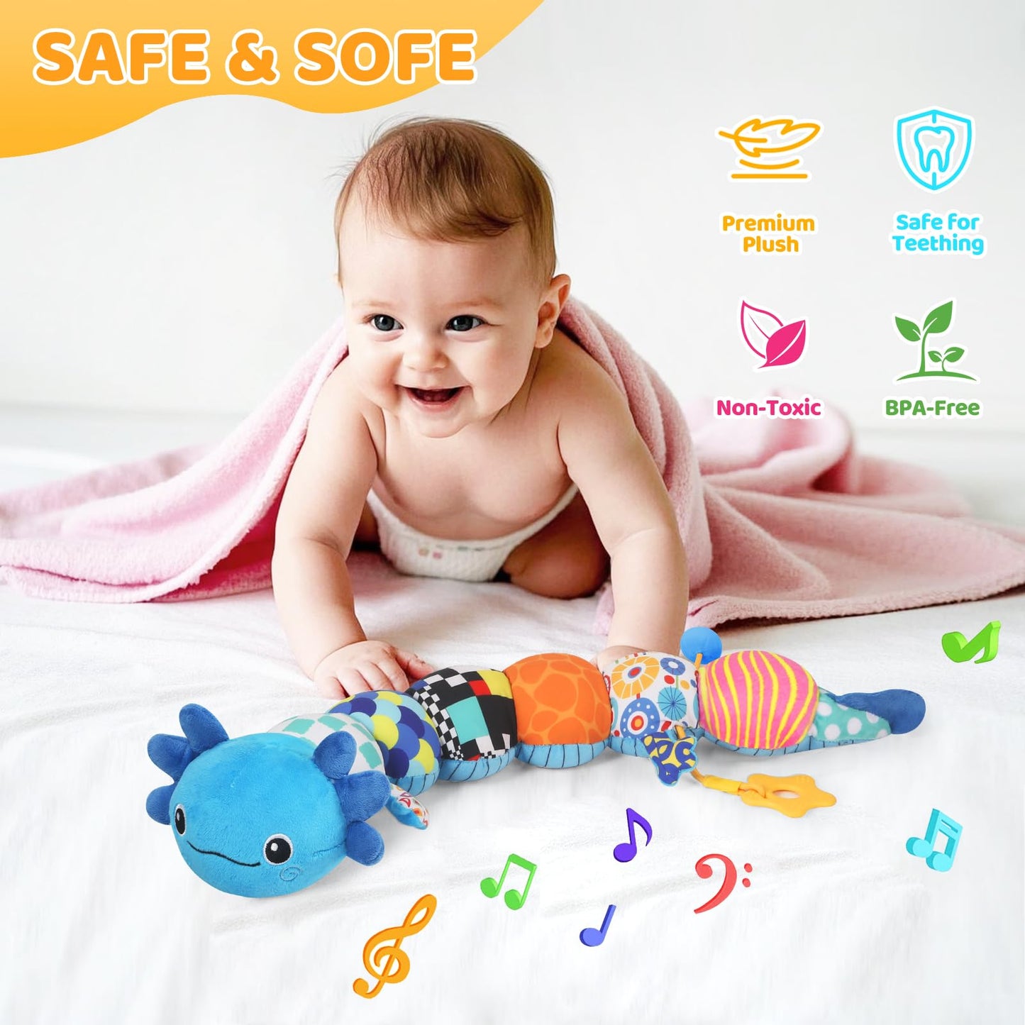 Baby Toys for 0-6 6-12 Months  Plush Axolotl Toy with Mirror Crinkle and Rattle for Infant Newborn Tummy Time Sensory Music Stuffed Animal Toy for 0-3-6-12 Month Baby Boys Girls Shower Gifts