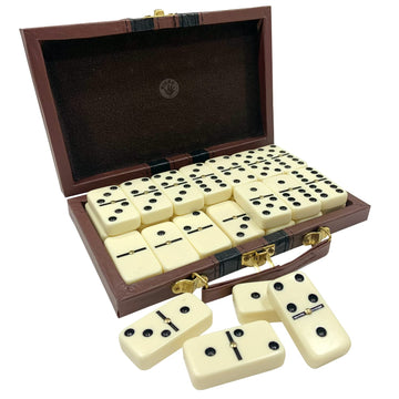 Kicko enhanced Classic Domino Set - Jumbo - Double Six - 28 Thick Pieces in Durable Wooden Vegan Leather Box for Boys  Girls  mature-themeds  Kids Party Favors and Game Night Use - Up to 2-4 Players