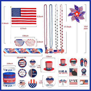 4Th Of July Decorations, 138Pcs Patriotic Party Favors Supplies American Stick Flag, Pinwheels, Tattoos, Rubber Bracelets, Brooch, Necklaces For Independence Day Memorial Day Accessories Parades