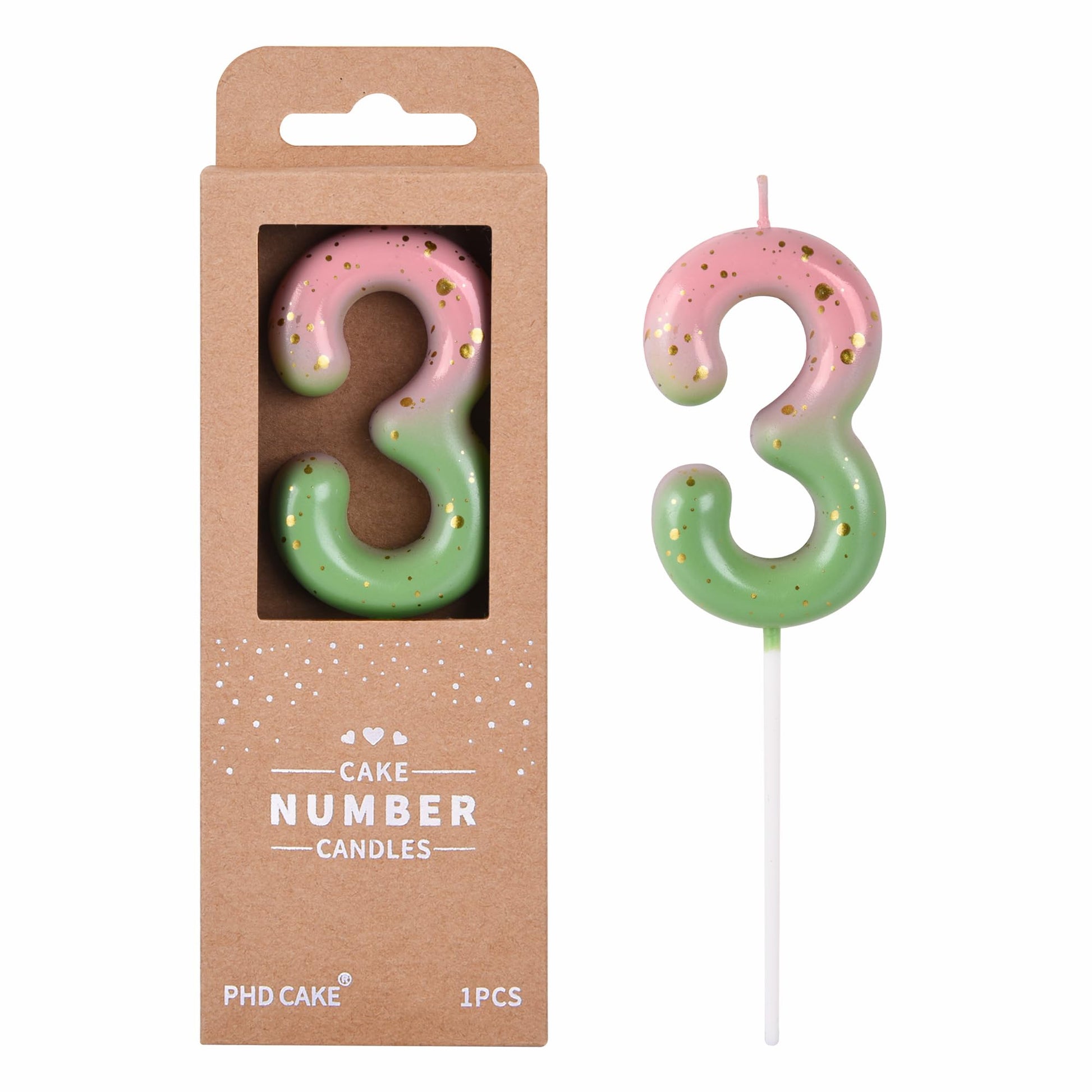 PHD CAKE 2.76 Inch Classical Pink Green Gold 3 Number Birthday Candles, Gold Number Candles, Cake Number Candles, Party Celebrat