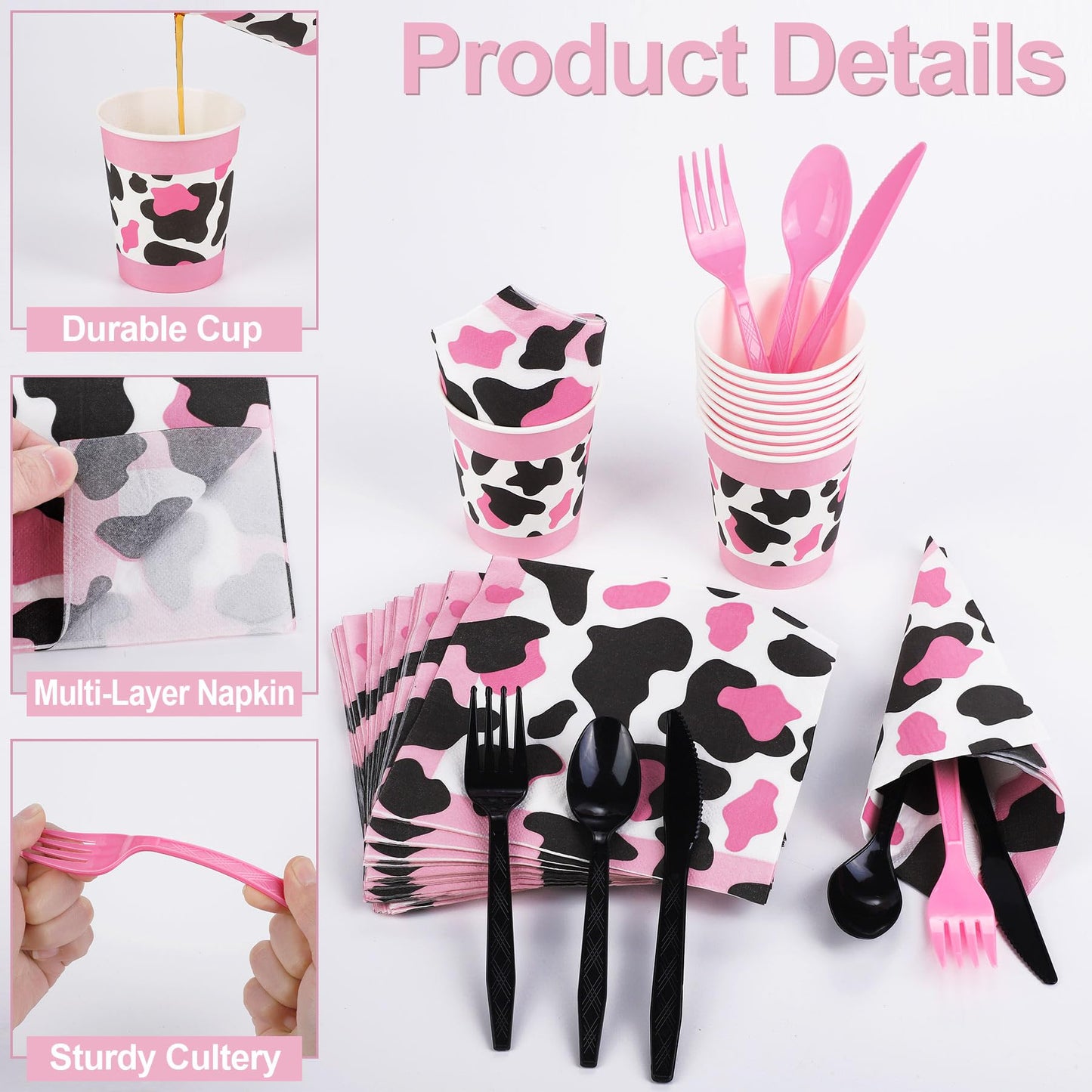Durony 350 Pieces Pink Cow Print Party Tableware Pink Cow Party Supplies Cowgirl Party Decorations Cow Party Plates Cups Farm Th