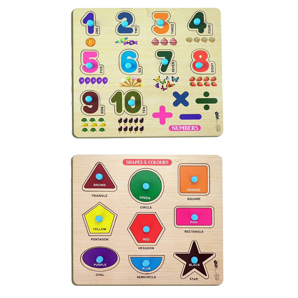 GREST Mini Wooden Shape, Colors and Numbers Puzzle with Knobs, Educational and Learning Game for Kids for Kids