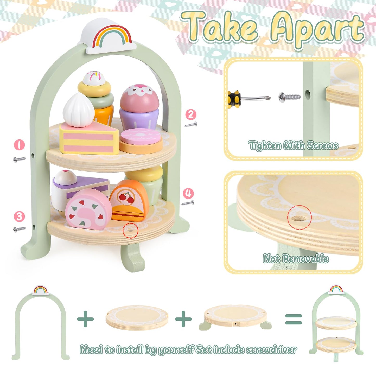 Lonico Wooden Tea Party Set for Little Girls Toddler Tea Set with Cupcake Stand & Food Dessert, Play Kitchen Accessories for Tod